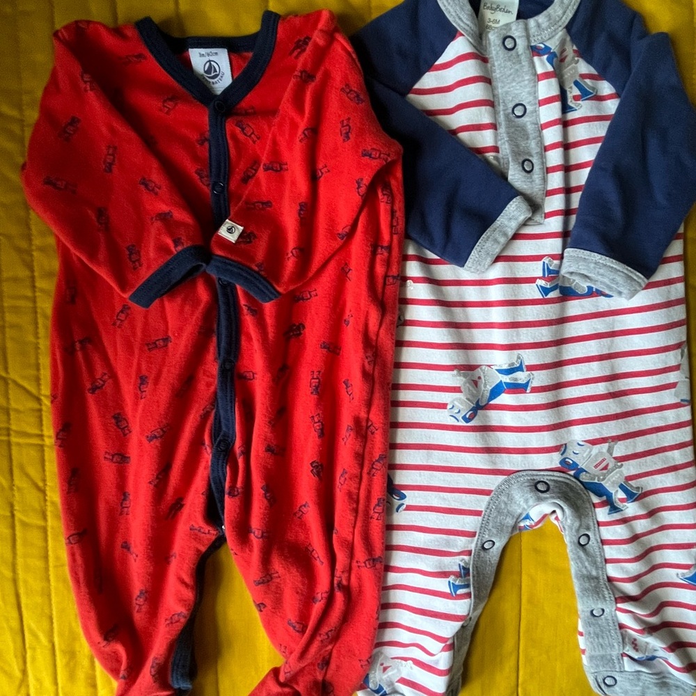 Baby Boden (3-6 mo) and petit bateau (3 mo)pajamas Red and Navy Kids Footies Set